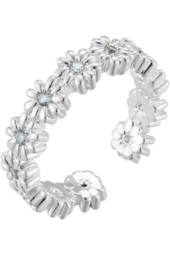 Dainty Daisy Flower Ring for Women Silver Plated Cubic Zirconia Floral Stacking Ring Open Statement Rings Adjustable Finger Band Promise Rings
