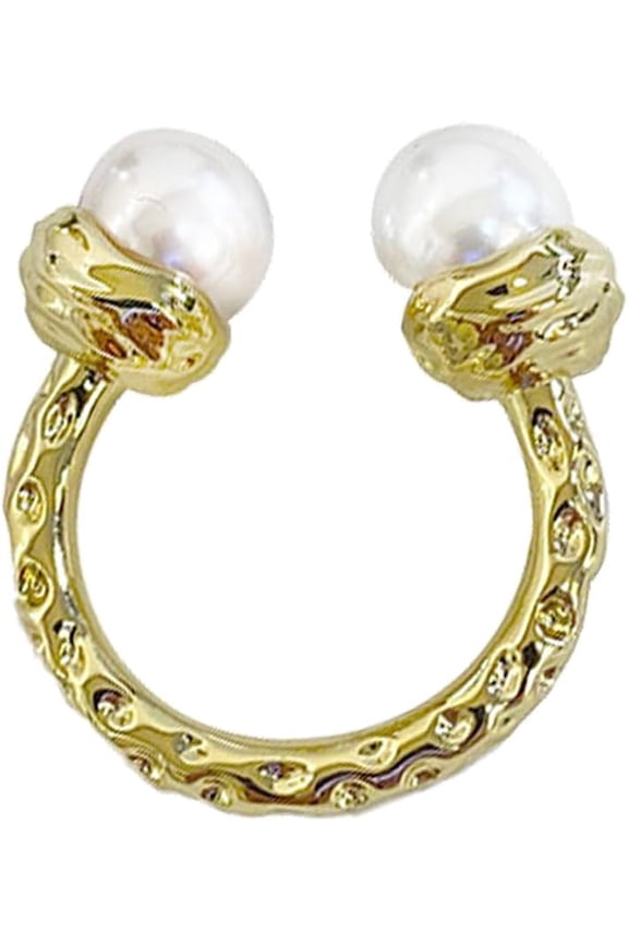 Dainty Double Shell Pearls Open Band Ring for Women Gold-Toned Adjustable Pearl Statement Wrap Finger Rings Expandable Comfort Fit Fashion Wedding Engagement Jewelry