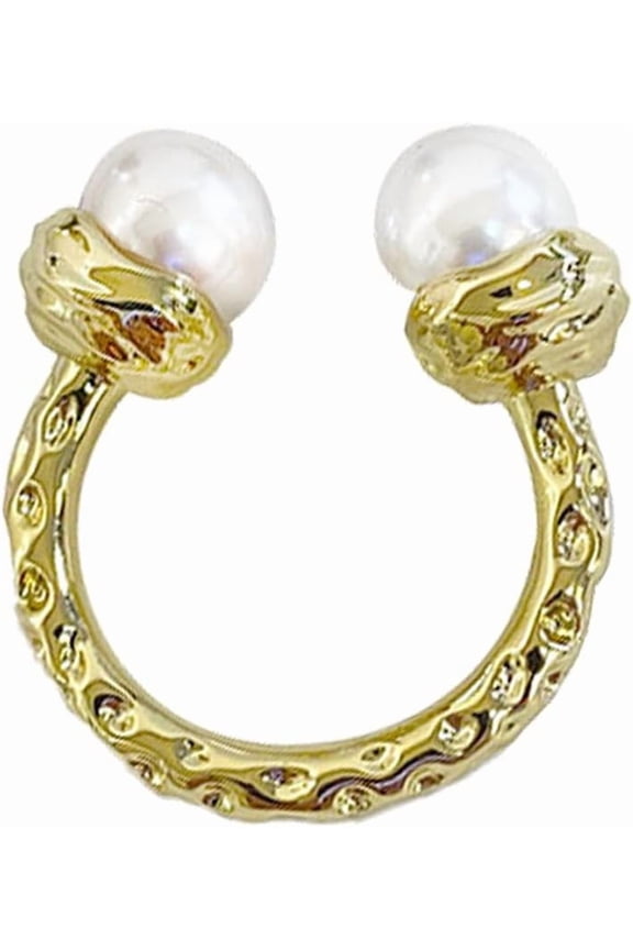Dainty Double Shell Pearls Open Band Ring for Women Gold-Toned Adjustable Pearl Statement Wrap Finger Rings Expandable Comfort Fit Fashion Wedding Engagement Jewelry