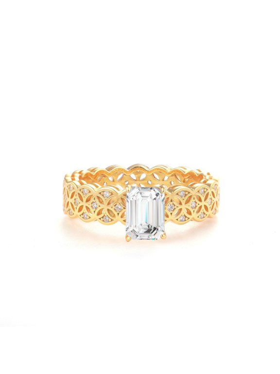 Dainty Emerald Cut Engagement Ring for Women Clear 5A CZ Openwork Simulated Gold Diamond Ring 925 Sterling Silver Eternity Wedding Rings Size 5-9