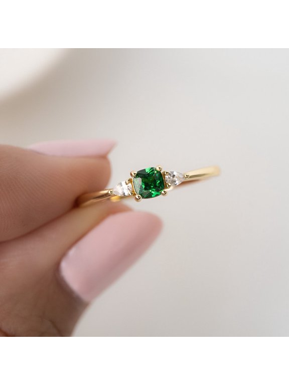 Dainty Emerald Ring, Emerald Stacking Ring, Gold Plated 925 Sterling Silver ring for Mother