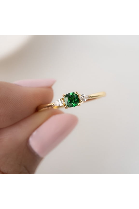 Dainty Emerald Ring, Emerald Stacking Ring, Gold Plated 925 Sterling Silver ring for Mother