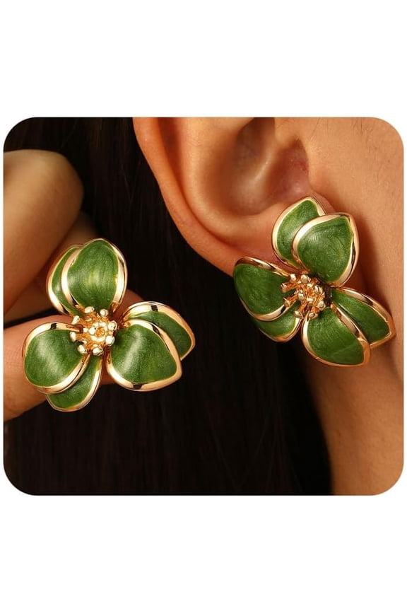 Dainty Enamel Flower Studs Earrings for Women,Cute Green Large Petal Drop Earrings Chunky Colorful Floral Statement Earring,Charm Jewelry Accessories