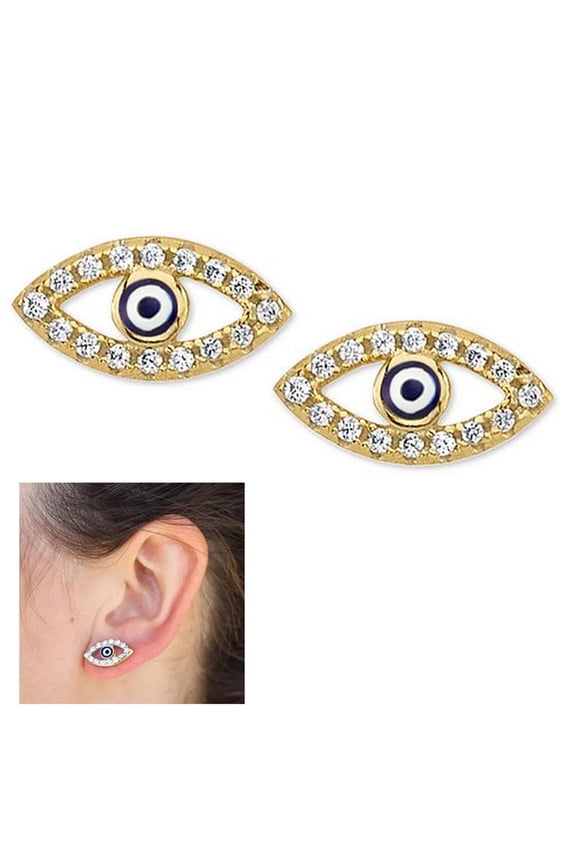 Dainty Evil Eye Crystal Stud Earrings CZ Gold Blue Nazar Kabbalah Jewelry Women