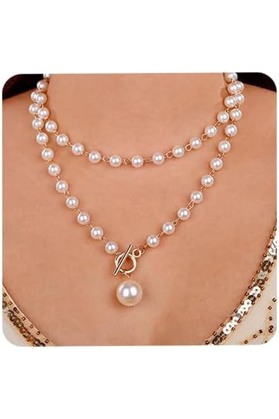 Dainty Faux Pearl Beaded OT Toggle Clasp Necklace with Earrings Gold Chain OT Buckle Pearl Choker Necklace for Women (White)