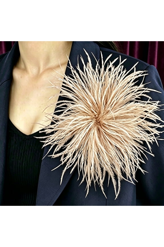 Dainty Feather Flower Brooch Pin, 150mm Feathers Corsages, Feather Hair Clip, Lapel Pins for Women Party Wedding Dress Decorations, Champagne