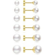 EUPHRATES Dainty Flat Back Pearl Earrings for Women, 6 Pairs Flatback Pearl Earrings in 14K Gold Plated 3-8MM Studs Earring Sets for Multiple Piercing Hypoallergenic