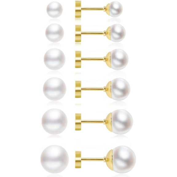 Dainty Flat Back Pearl Earrings for Women, 6 Pairs Flatback Pearl Earrings in 14K Gold Plated 3-8MM Studs Earring Sets for Multiple Piercing Hypoallergenic