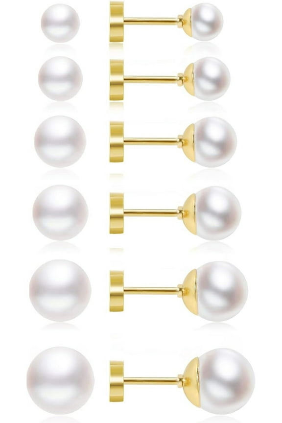 Dainty Flat Back Pearl Earrings for Women, 6 Pairs Flatback Pearl Earrings in 14K Gold Plated 3-8MM Studs Earring Sets for Multiple Piercing Hypoallergenic