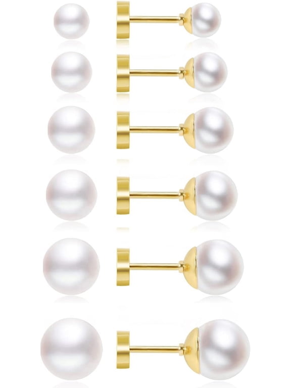 Dainty Flat Back Pearl Earrings for Women, 6 Pairs Flatback Pearl Earrings in 14K Gold Plated 3-8MM Studs Earring Sets for Multiple Piercing Hypoallergenic