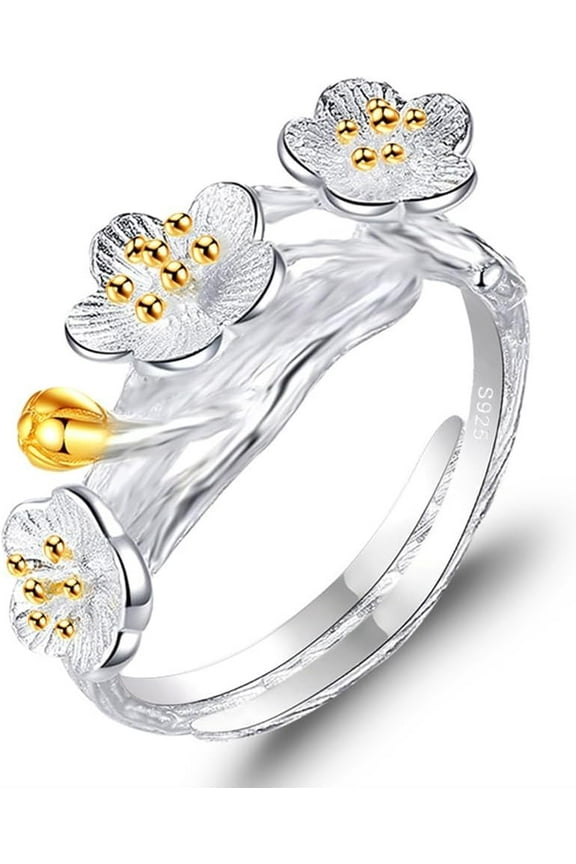 Dainty Flower Ring For Women S925 Sterling Silver Cherry Blossoms Open Statement Rings Adjustable Chic Engagement Promise Ring Wrap Finger Band Valentine's Day Gift