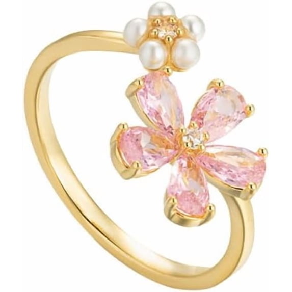 Dainty Flower Ring for Women Sparkling Cubic Zirconia Daisy Open Statement Rings Pearl Chic Engagement Promise Ring Wrap Finger Band