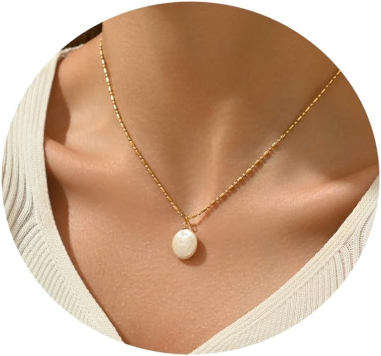 PATISORNA Dainty Pearl Necklace For Women - 14k Gold Plated Baroque Pearl Pendant On 16.5+2 Inch Chain, Everyday Delicate Jewelry
