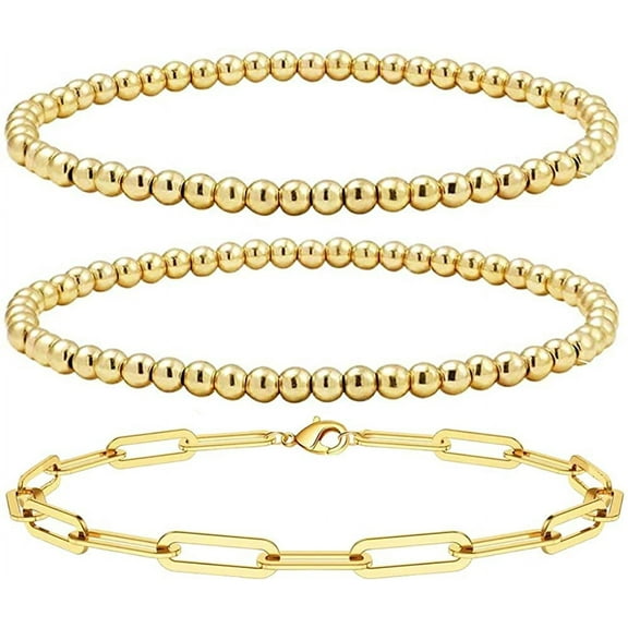 Dainty Gold Beaded Bracelets Set for Women 14K Gold Plated Stackable Bracelets for Women Elastic Stretch Gold Bracelet Trendy Jewelry