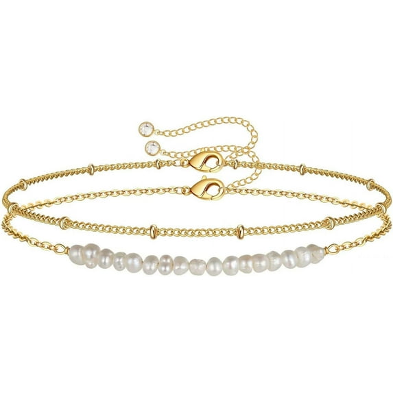 Dainty Gold Bracelets for Women, 14K Gold Plated Adjustable Layered Bracelet Cute Evil Eye Oval Chain Pearl Bar Turtle Gold Bracelets for Women Jewelry