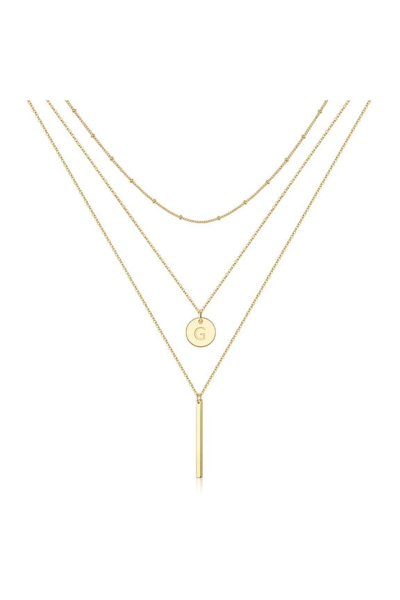 14K Gold Plated Coin Initial Layered Bar Pendant Y-Necklaces for Women Letter A-Z Jewelry Personalized Birthday Gifts Gifts for Women Wife Her