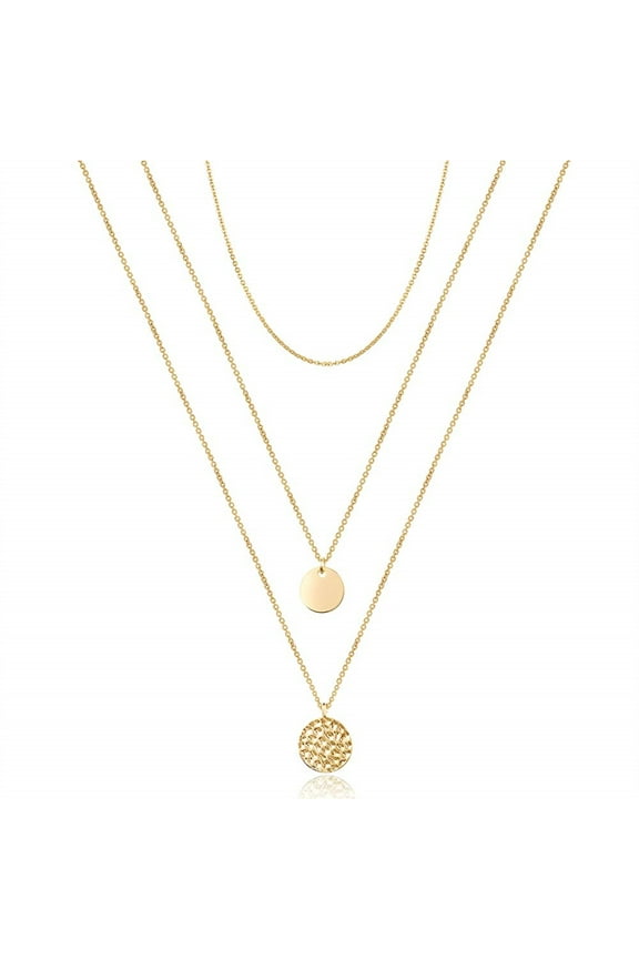 Dainty 14K Gold Plated Layered Long Necklace Stack Set for Women Adjustable 3Pcs Choker Hammered Disc Pendant Chain Jewelry Trendy Personalized Birthday Gifts for Women