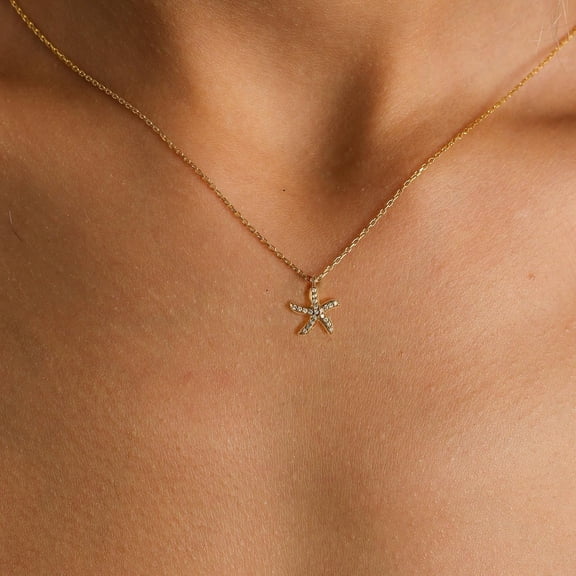 Dainty Gold Necklace, 14K Gold Plated Cubic Zirconia Butterfly Sun Moon Star Starfish Palm Tree Pendant Necklace Simple Cute Necklaces For Women Trendy[o2900]