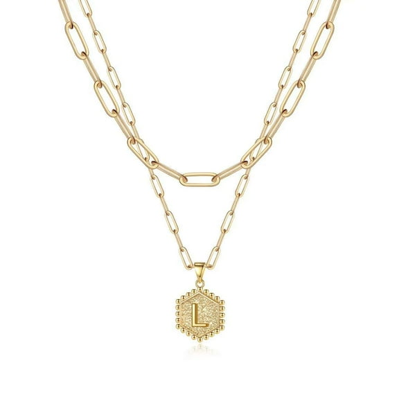 Turandoss 14K Gold Plated Hexagon Layering Charm Paperclip Initial Necklaces for Women Cute Letter A-Z Jewelry Trend Personalized Birthday Gifts for Women Girls