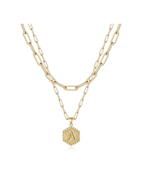 14K Gold Plated Hexagon Layering Charm Paperclip Initial Stack Necklaces for Women Cute Jewelry Teacher Appreciation Mothers Day Graduation Gifts for Her Mom Kids Teen Girls Wife Ideas