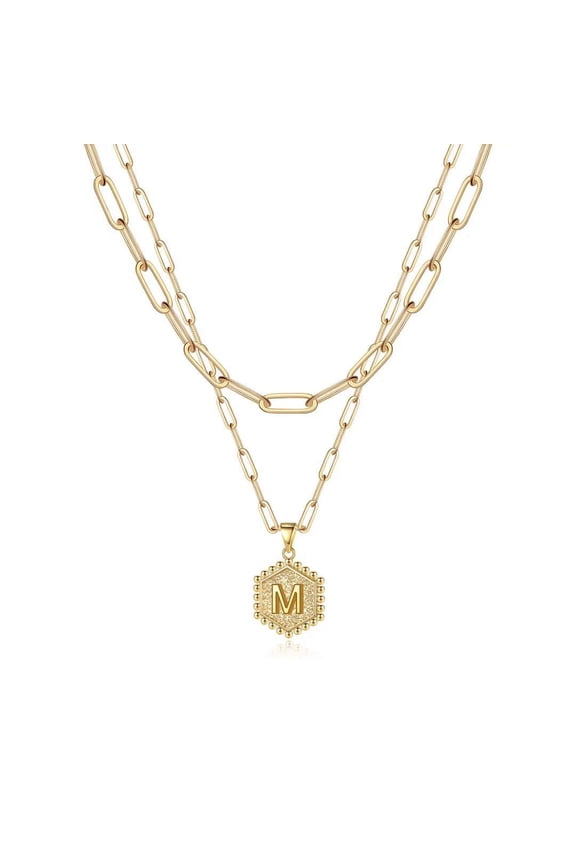 14K Gold Plated Hexagon Layering Charm Paperclip Initial Necklaces for Women Cute Letter A-Z Jewelry Personalized Birthday Anniversary Gifts for Women Wife