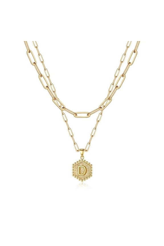 14K Gold Plated Hexagon Layering Charm Paperclip Monogram Necklaces for Women Cute Letter A-Z Jewelry Trend Personalized Birthday Gifts for Women Girls