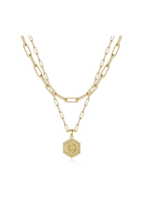 14K Gold Plated Hexagon Layering Charm Paperclip Initial Necklaces for Women Cute Letter A-Z Jewelry Trend Personalized Birthday Gifts for Women Girls Her