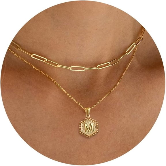 Dainty Gold Necklace for Women - 18K Gold Plated Layered Initial Necklaces for Women Simple Paperclip Chain Hexagon Letter Initial Necklace Gold Layered Necklaces for Women Jewelry Gifts