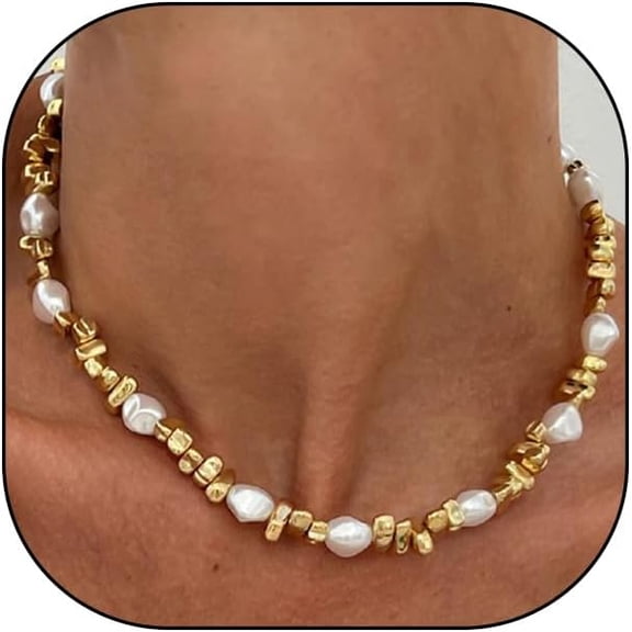 Dainty Gold Pearl Bead Choker Necklace for Women Irregular Liquid Bead Baroque Pearl Collar Necklace Anniversary Valentine's Day Accessories