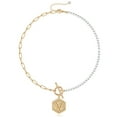 thumbnail image 1 of Dainty Gold Pearl Initial Necklaces for Women, 14k Gold Plated Paperclip Chain Toggle Clasp Hexagon Pendant Choker Necklace for Women, 1 of 5