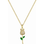 Dainty Gold Rose Flower Pendant Necklace for Women 14K Gold Plated Crystal Green Leaf Tulip Floral Charms Chain Adjustable Necklaces Elegant Wedding Birthday Anniversary Jewelry Gift 18