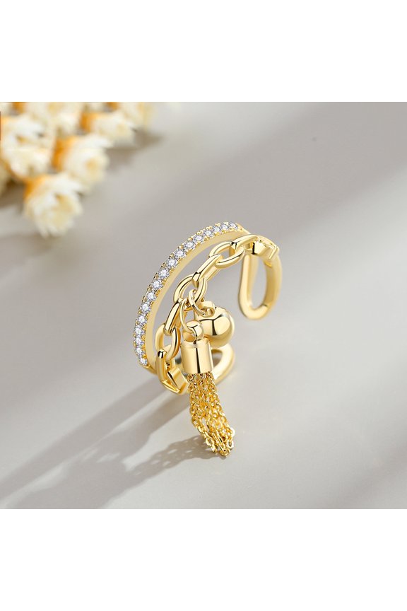 Dainty Gold Tassel Open Ring for Women, Adjustable Double Layer Chain CZ Ring with Tassel Charm, Trendy Stackable Finger Ring Jewelry Gift