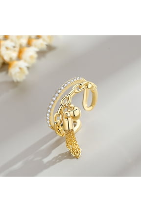 Dainty Gold Tassel Open Ring for Women, Adjustable Double Layer Chain CZ Ring with Tassel Charm, Trendy Stackable Finger Ring Jewelry Gift