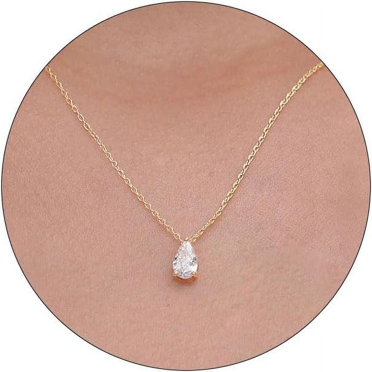 Dainty Gold Teardrop Diamond Necklace 14K Gold Plated, Cubic Zirconia