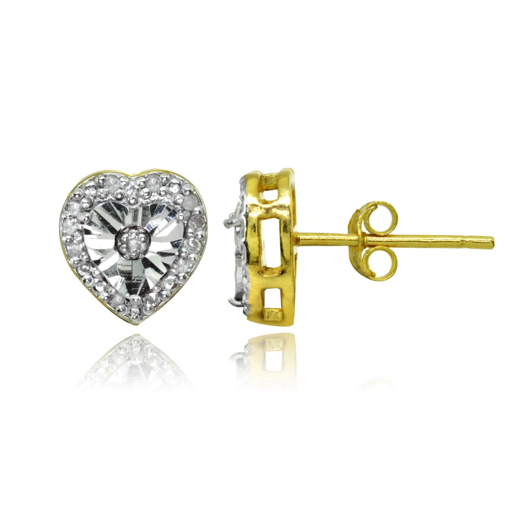 Dainty Heart Diamond Accent Gold Flash Sterling Silver Stud Earrings, JK-I3
