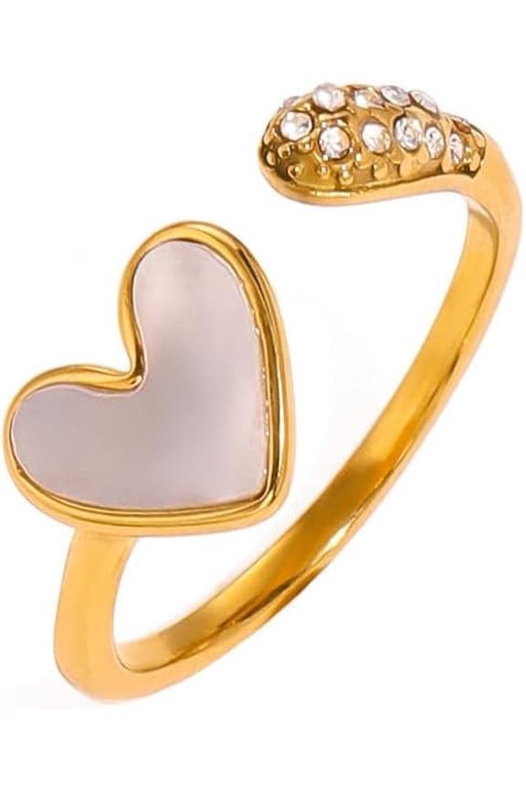 Dainty Heart Ring for Women 18K Gold Plated Stainless Steel Shell Cubic Zirconia Adjustable Band Expandable Stacking Ring for Engagement Promise Valentine's Anniversary Jewelry