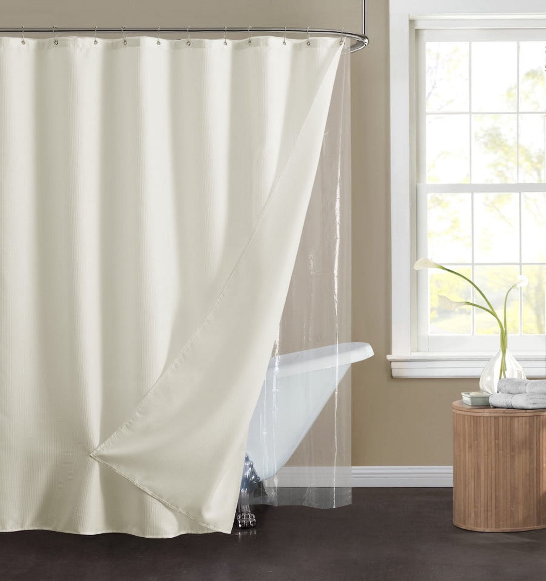 Ivory Waffle Weave Fabric Shower Curtain Set with Liner and Hooks