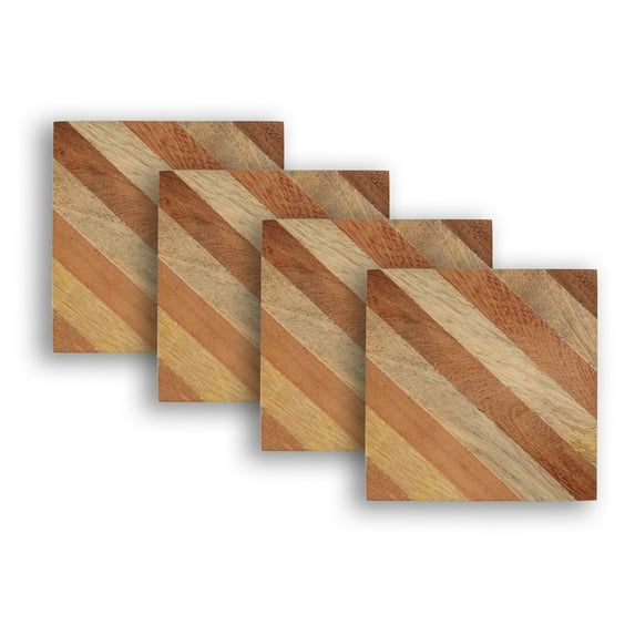 Dainty Home 4-Piece Square Striped Natural Wood Coaster Set – 4" rustic modern drink coasters