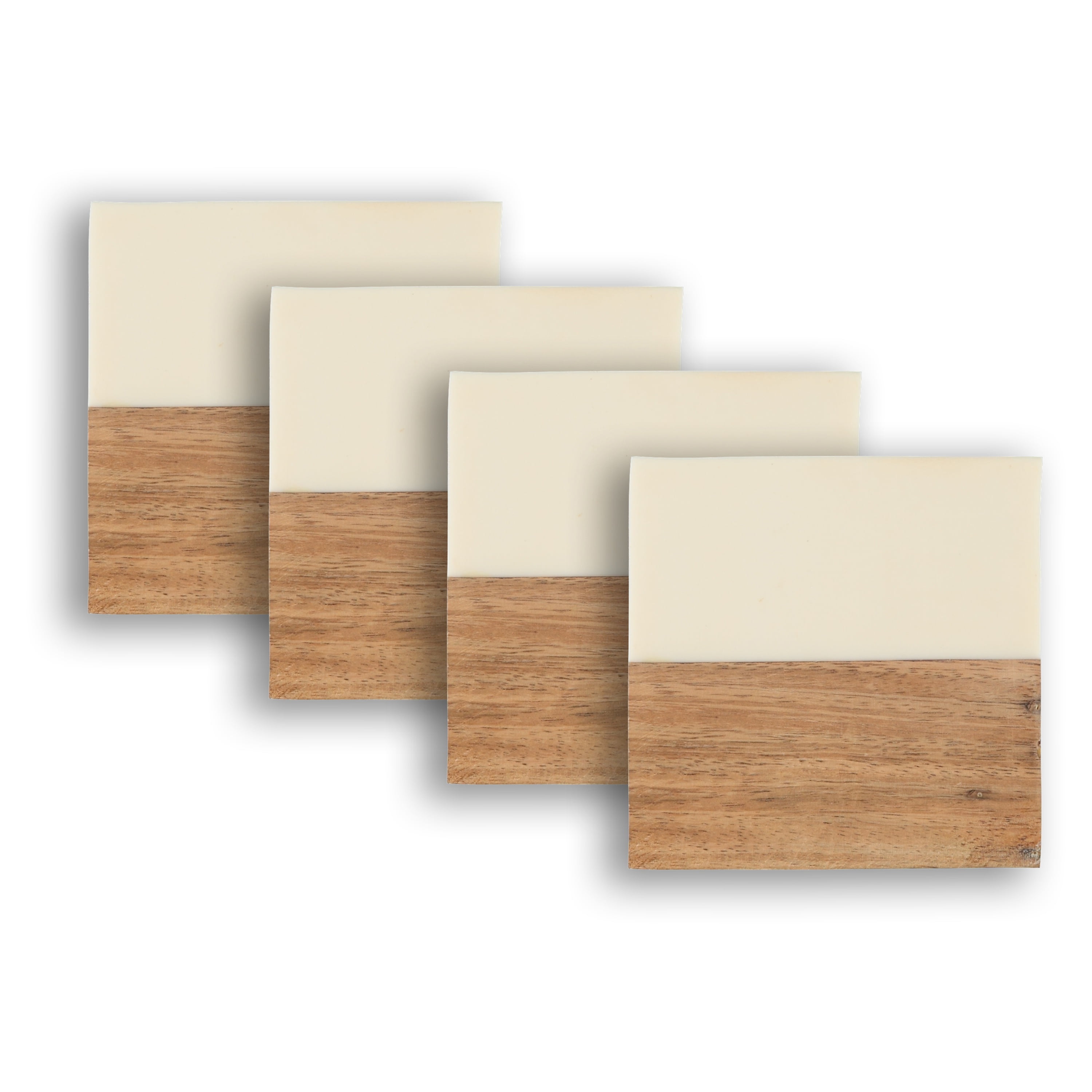 Dainty Home 4-Piece Square Wood and Ivory Resin Coaster Set – 4" Modern Decorative Drink Coasters