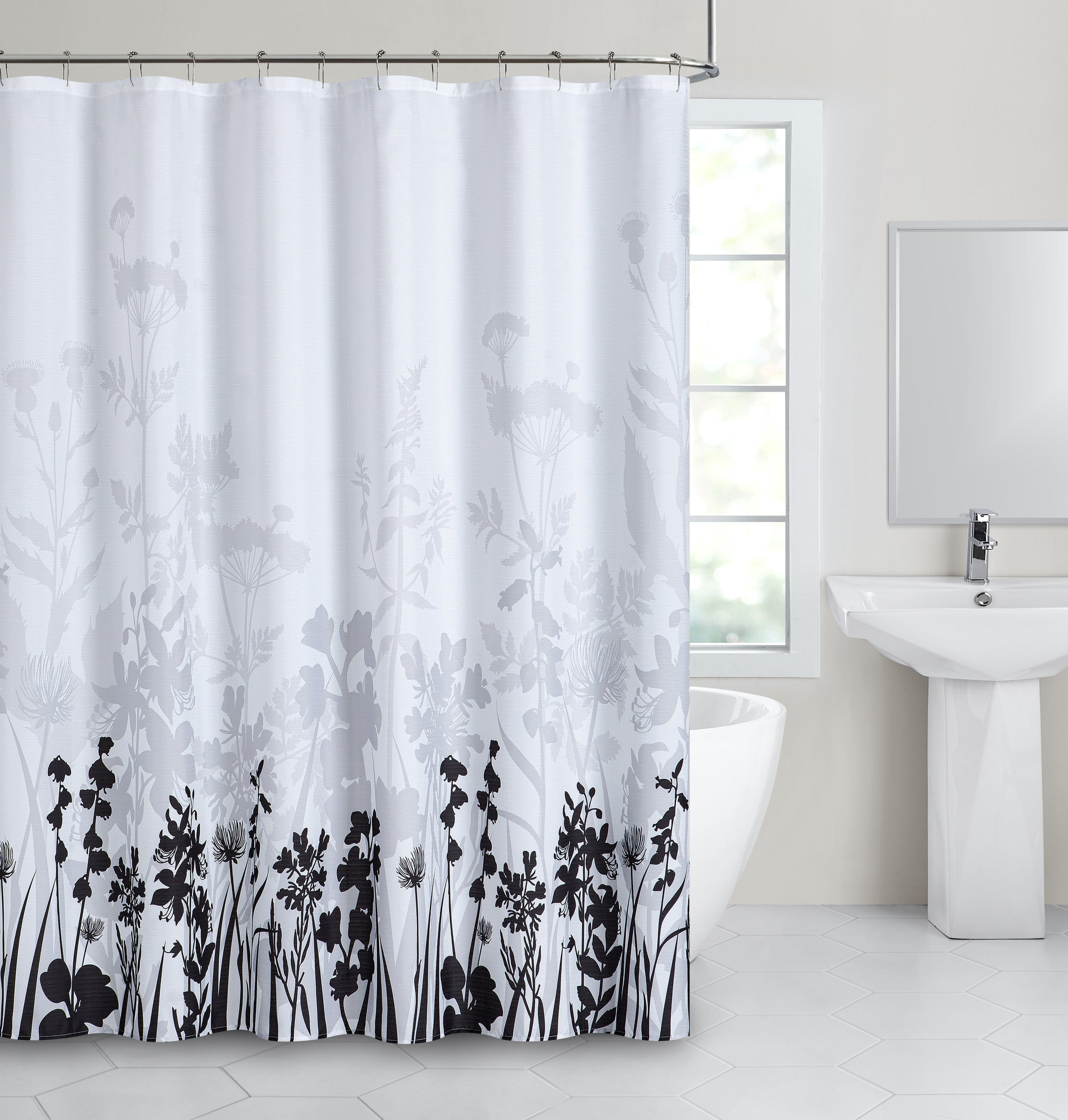 Dainty Home Black Floral Field Fabric Shower Curtain – 3D Textured Design, Water-Repellent, Machine-Washable Bathroom Curtain, 70" x 72"