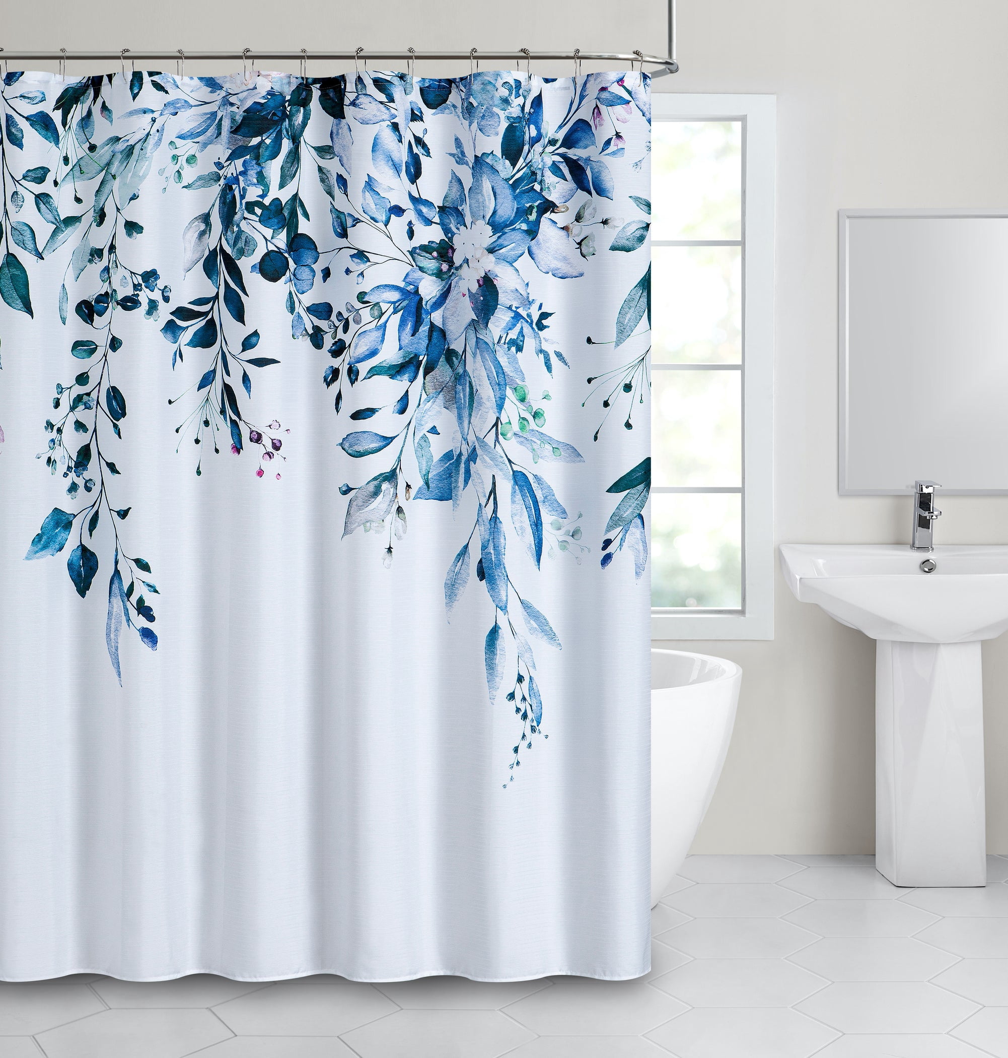 Dainty Home Blue Whisper Floral Fabric Shower Curtain – 3D Textured Design, Water-Repellent, Machine-Washable Bathroom Curtain, 70" x 72"