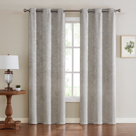 Dainty Home Chic Home Artistic Printed Lurex Foil Heavy Weave Thermal Black Noise Reducing Blackout Curtain Panel Pair, 76"W x 84"L In Sand