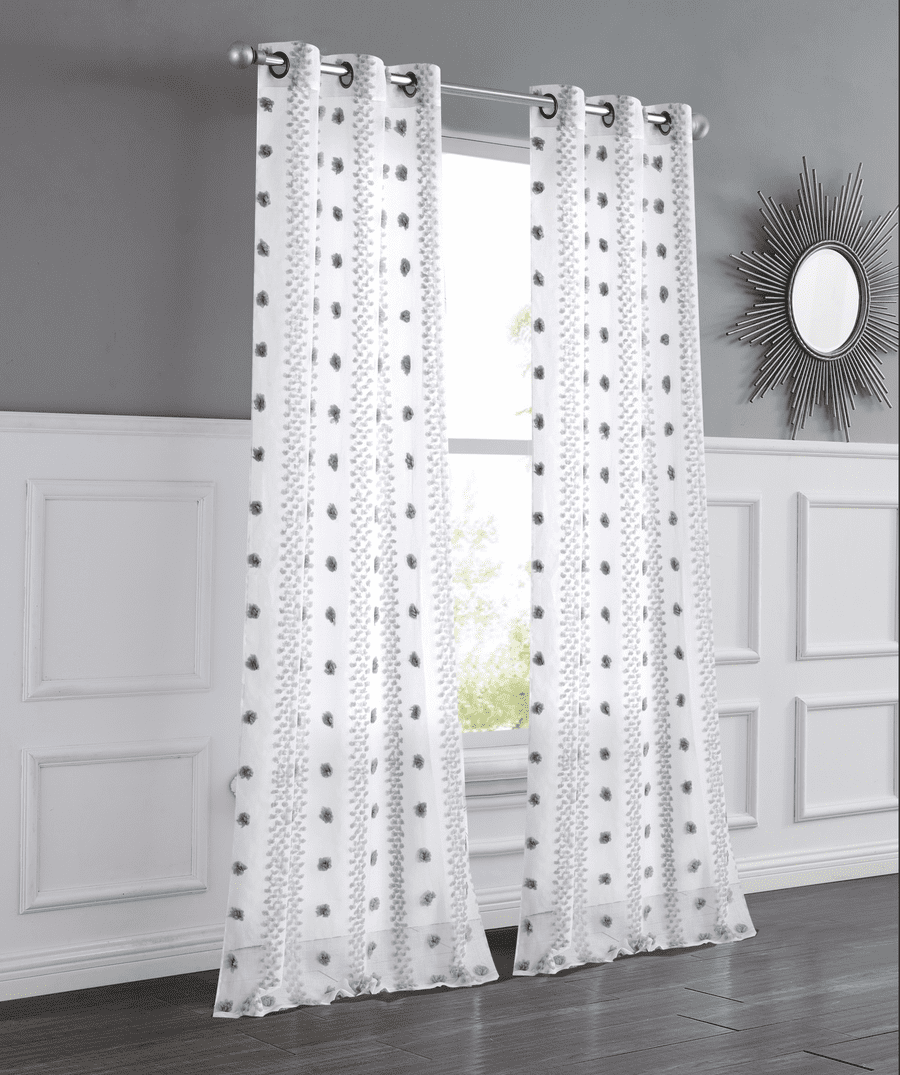 Dainty Home Cloud Linen Look Boho 3D Puff Linen Look Textured Embroidered Puff Designed Linen Textured Light Filtering Grommet Window Panel Pair 76" x 84" in Gray