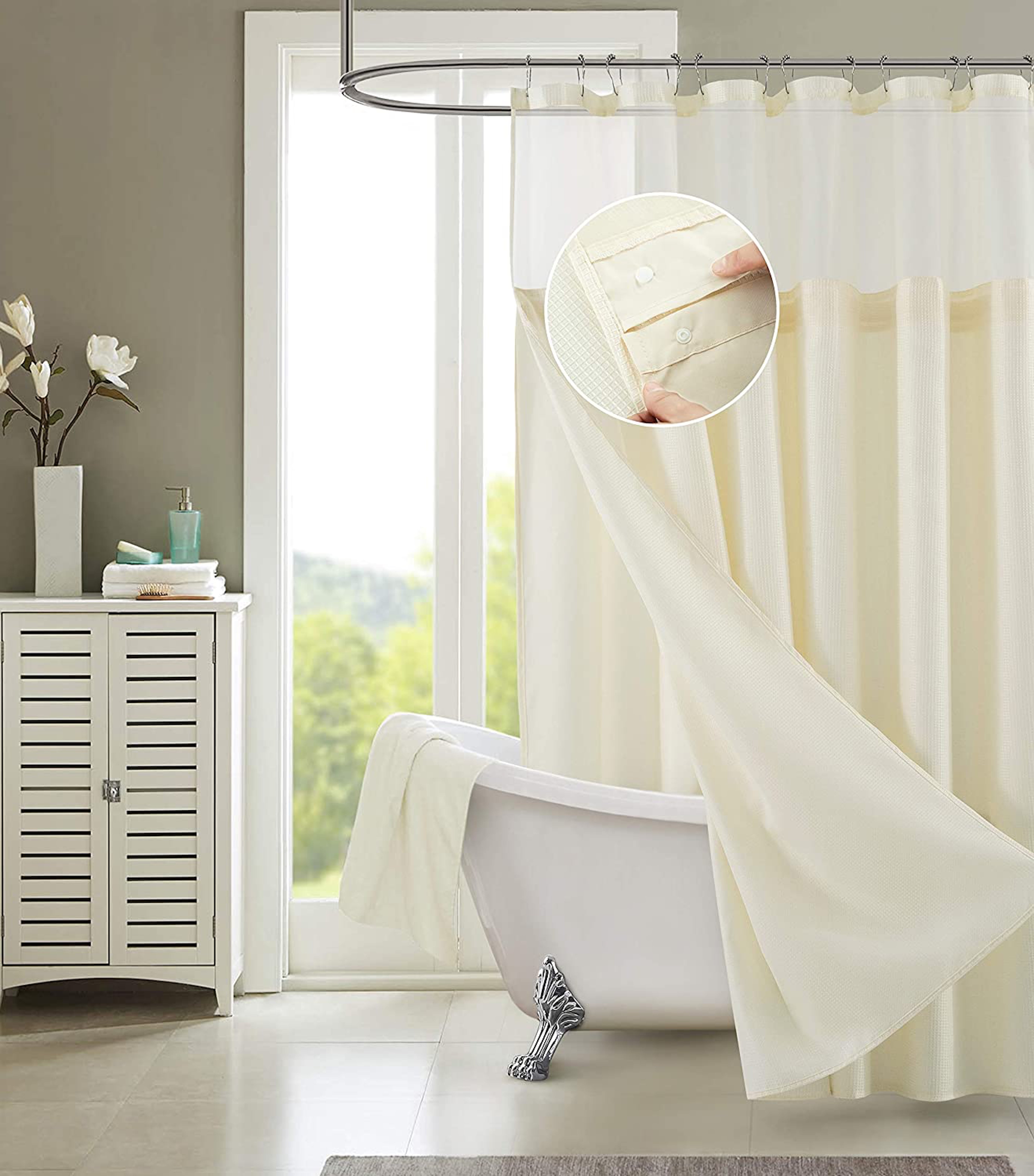 Dainty Home Complete 2 in 1 Waffle Weave Hotel Spa Style Fabric Shower Curtain Snap On/Off Waterproof Detachable Liner Set, 72 inch wide x 72 inch long in Beige
