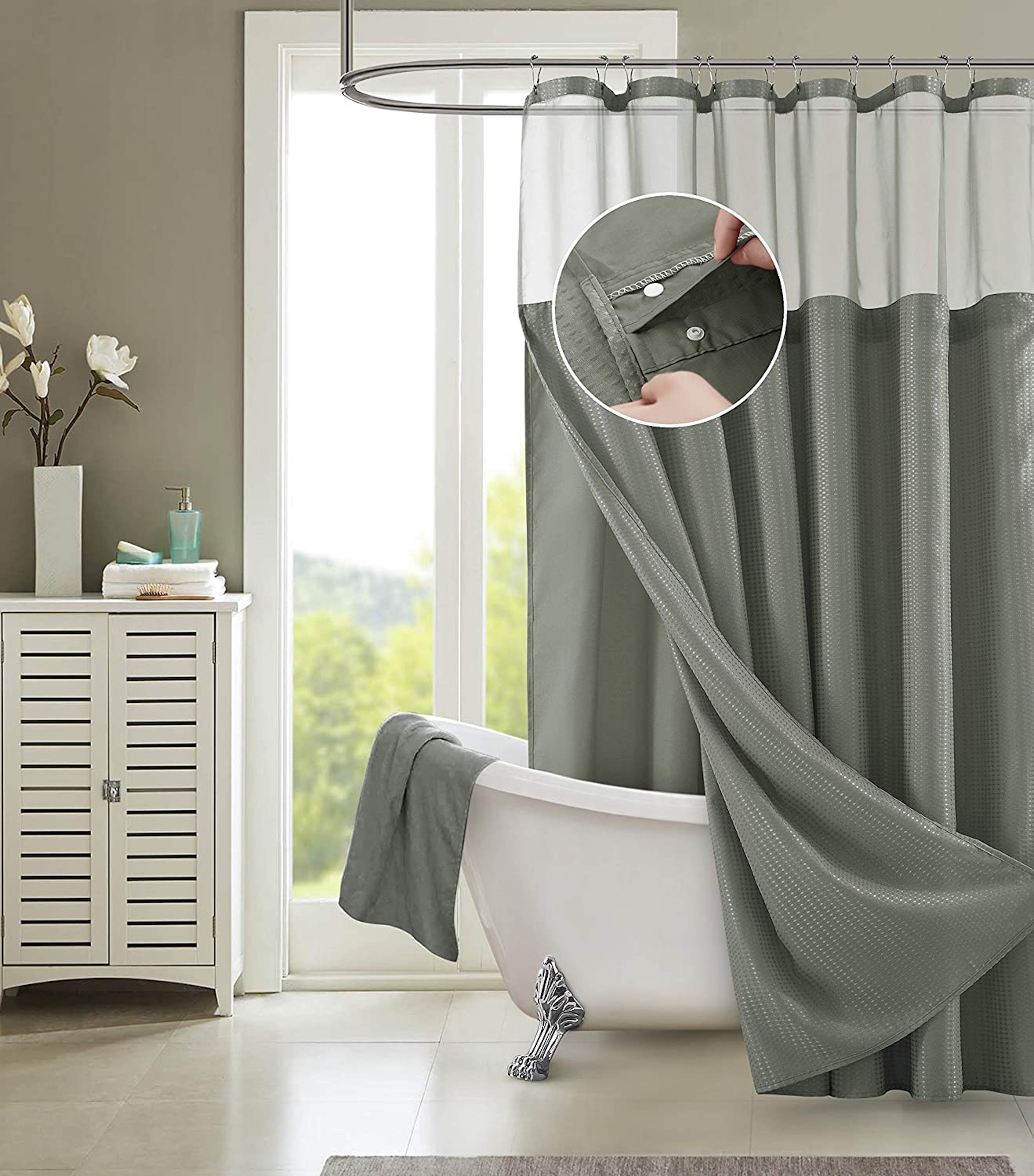 Gray Waffle Weave Fabric Shower Curtain with Detachable Liner