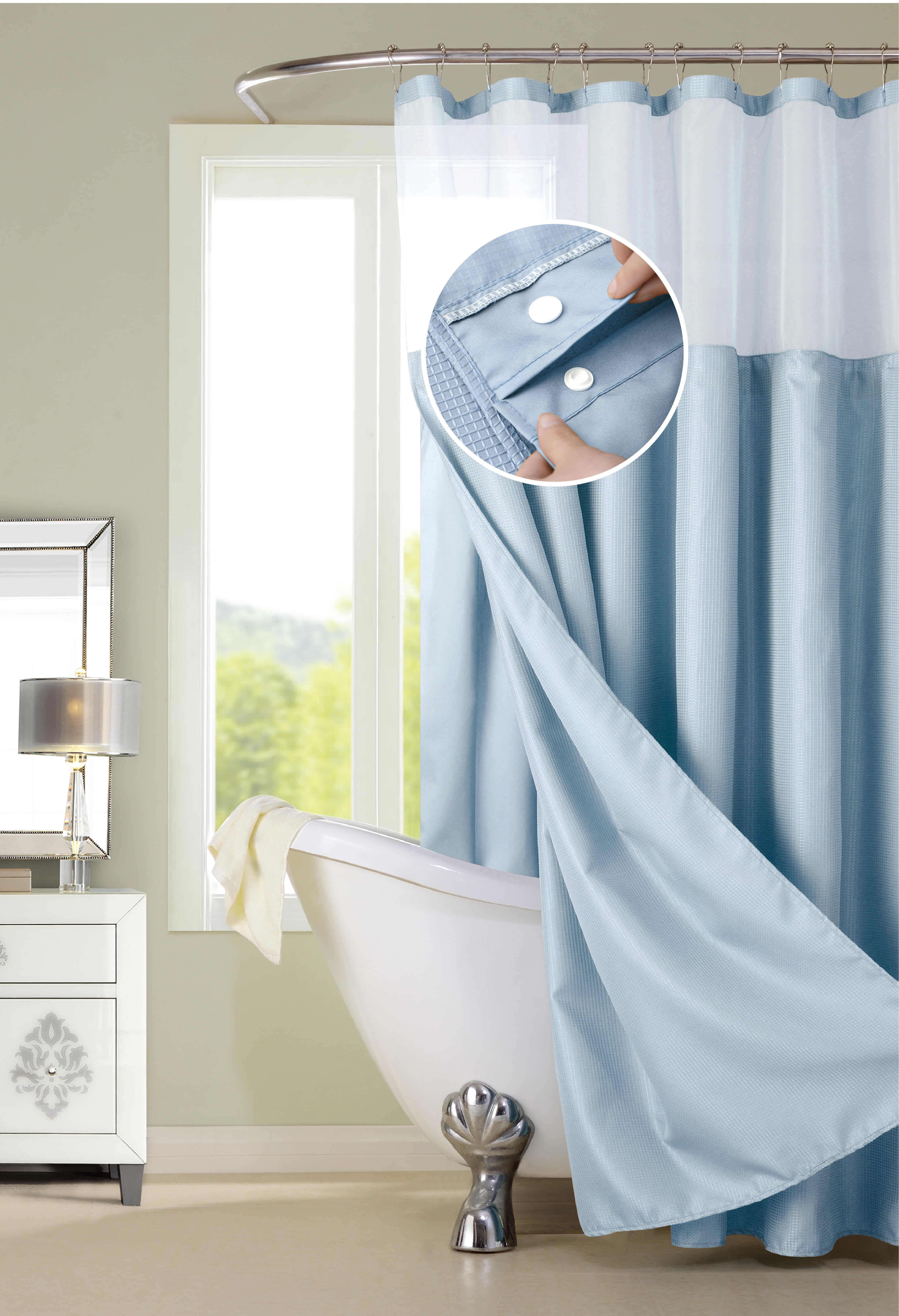 Sky Blue Waffle Weave Fabric Shower Curtain with Detachable Liner