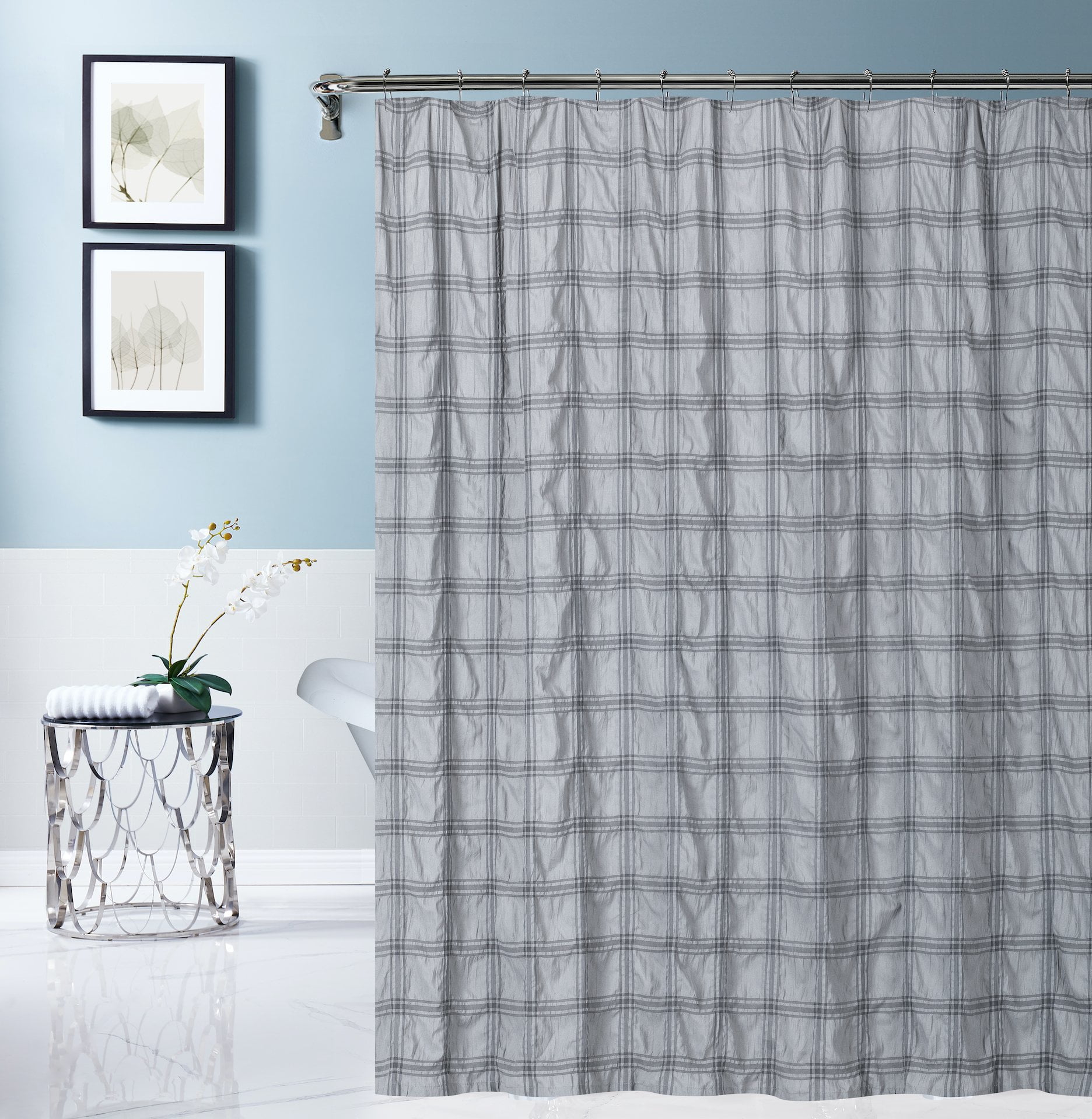 Gray Crinkle Plaid Embossed Fabric Shower Curtain 70" x 72"