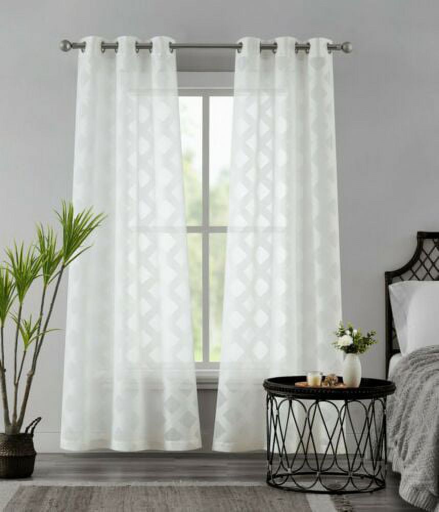 Dainty Home Diamonds Linen Look Boho Semi-Sheer Fabric With Geometric Modern Embroidered Geometric Diamonds Textured Designed Curtain Panel Pair Grommet Panel Pair 2 Curtain Panels 76" x 84" in White