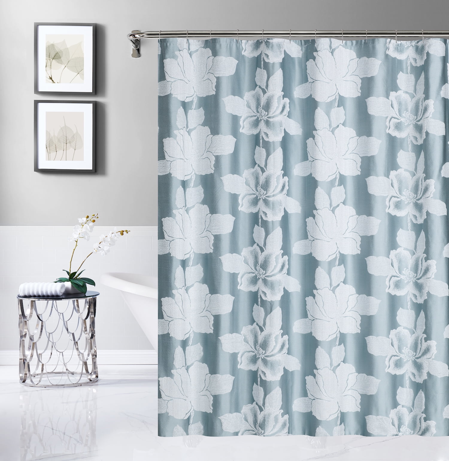 Dainty Home Floral Park 3D Floral Textured Weaved Lurex Floral Designed Fabric Shower Curtain 70"W x 72"L in Blue