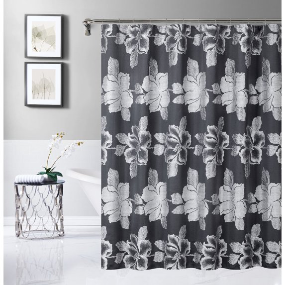 Dainty Home Floral Park 3D Floral Textured Weaved Lurex Floral Designed Fabric Shower Curtain 70"W x 72"L in Charcoal